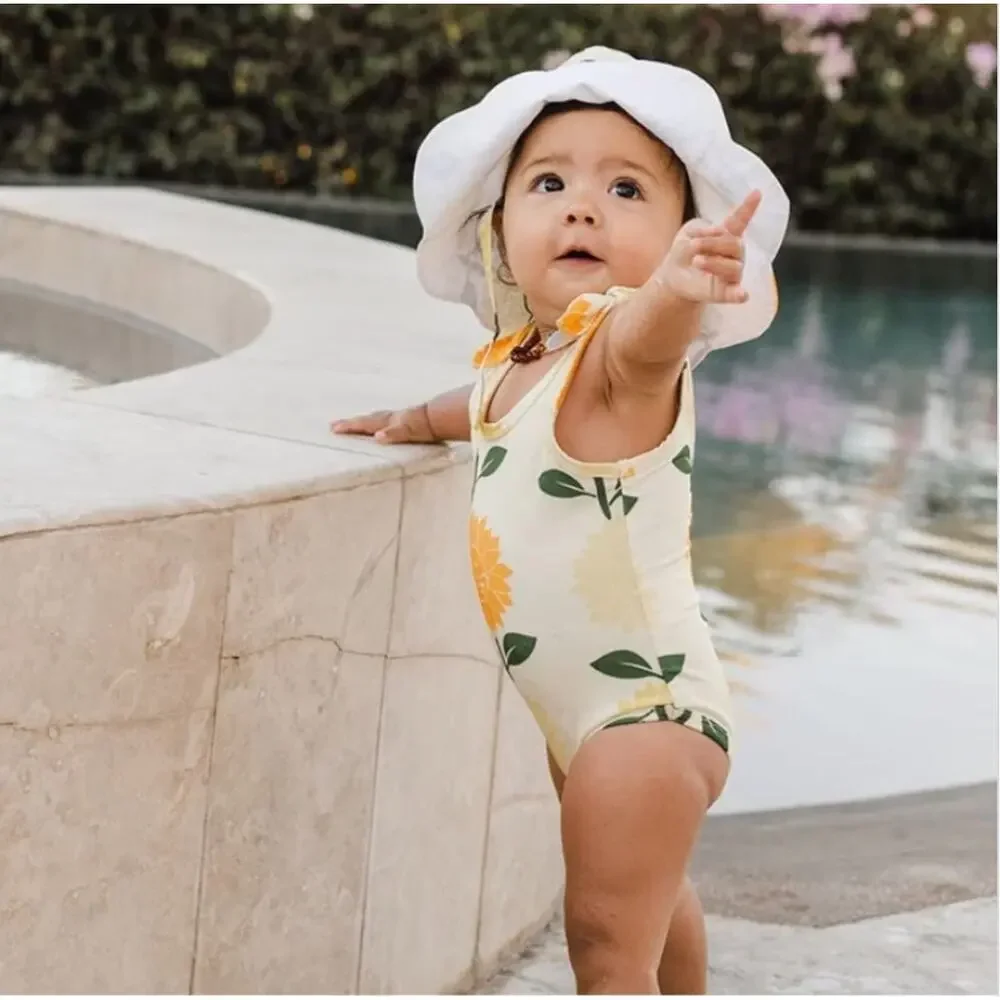 Monica + Andy Baby Girl Sunflower Swimsuit and Sun Hat Set 9-12 Months